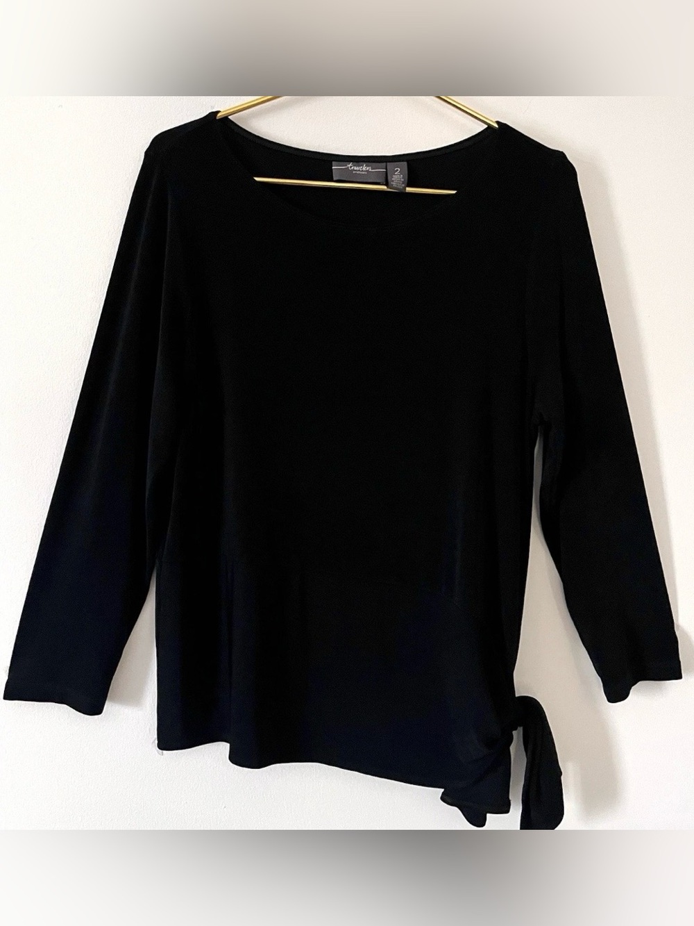 Chicos Travelers Black Top Split Hem Side Tie Sz 2 or US L Sz 12 Slinky Stretchy